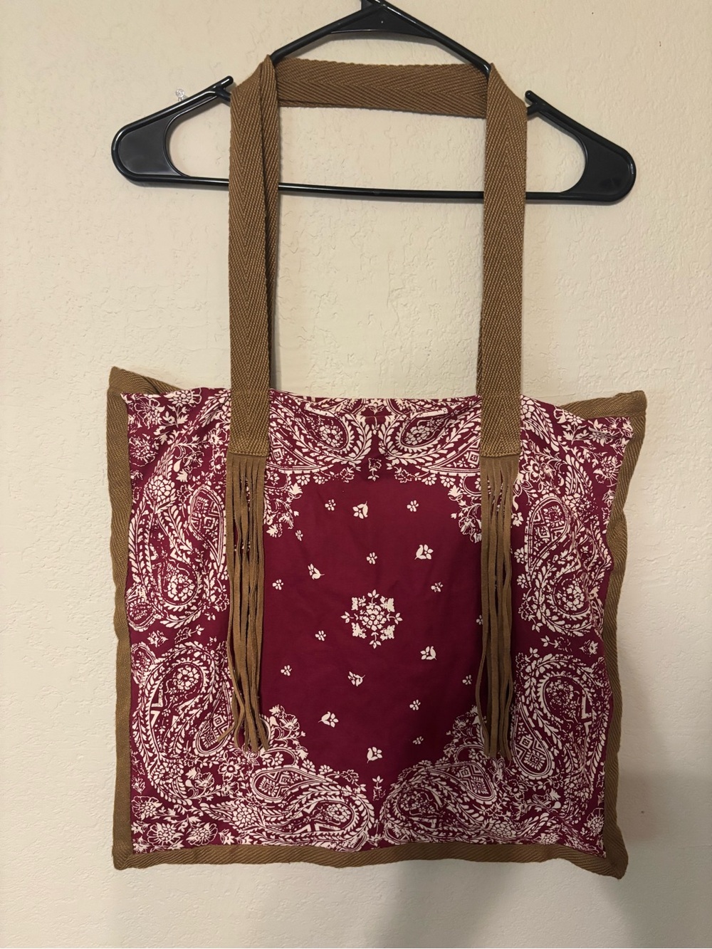 American Eagle Outfitters Maroon Bandana-Print Tote with Tan Fringe Straps